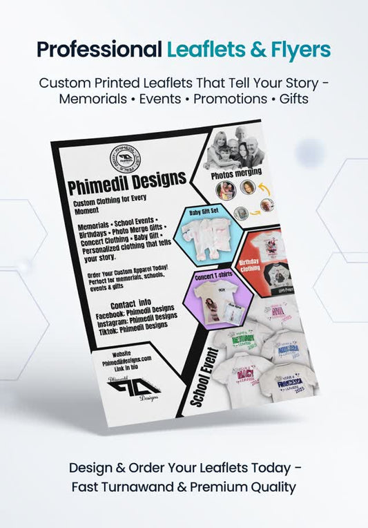 Promotional leaflet for Phimedii Designs with various designs and text on a white background