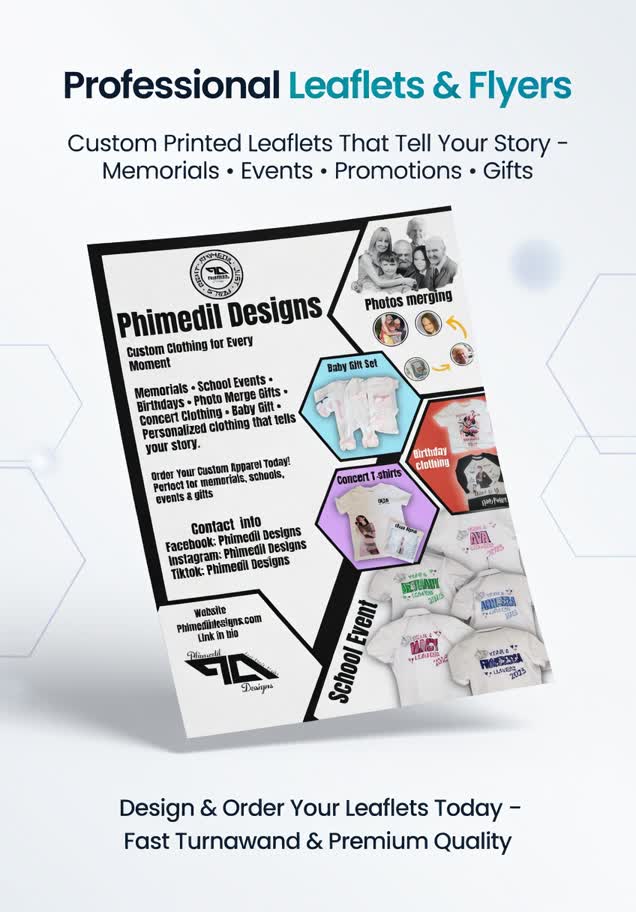 Promotional leaflet for Phimedii Designs with various designs and text on a white background