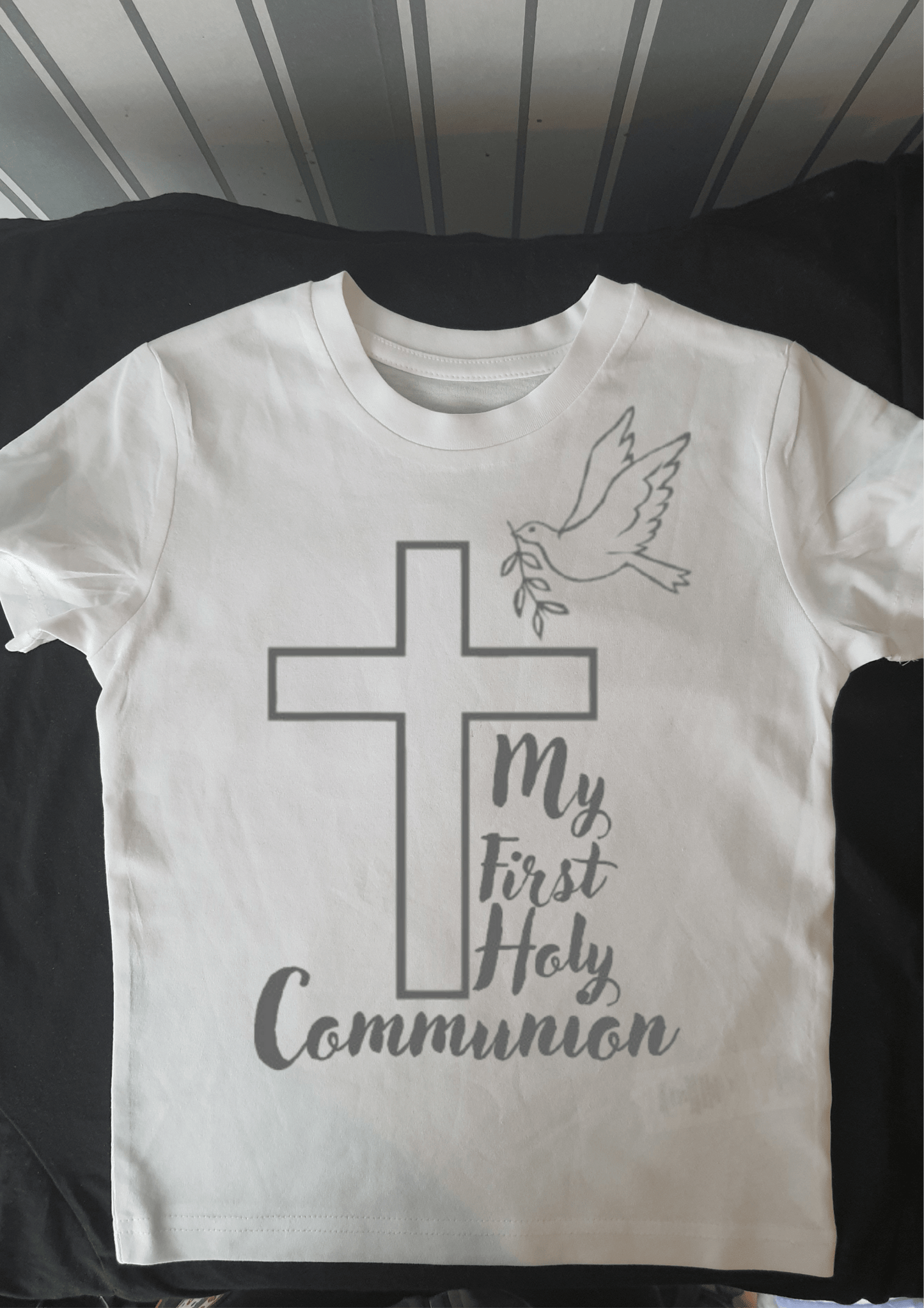My First Holy Communion" shirt featuring the cross and dove. - Phimedil Designs
