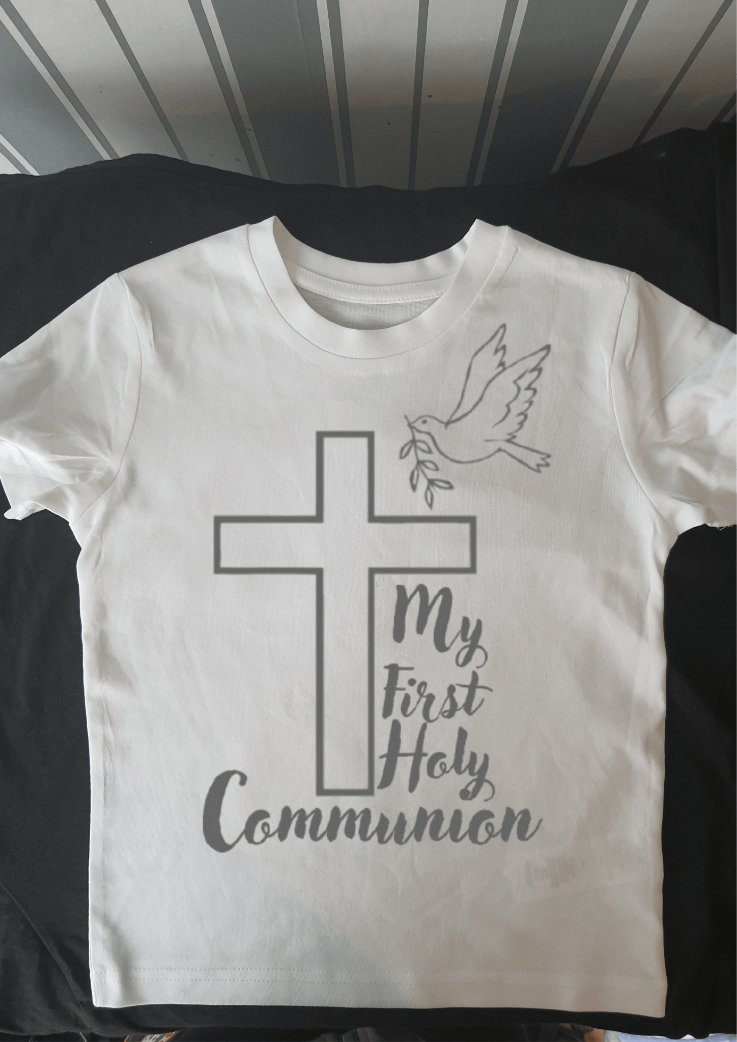 My First Holy Communion" shirt featuring the cross and dove. - Phimedil Designs