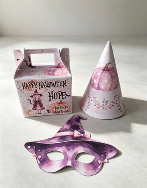 Personalized Halloween Party Favor Box Set – Custom Name Treat Box with Party Hat & Mask