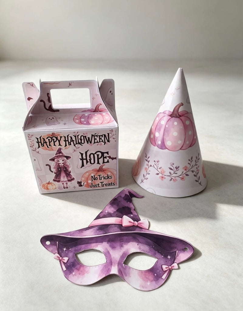 Personalized Halloween Party Favor Box Set – Custom Name Treat Box with Party Hat & Mask