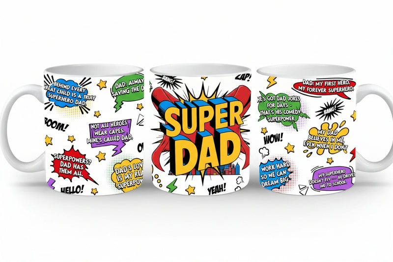 Personalized Father's Day Mug Design Bundle | Super Dad Hero & Handprint Themes | High-Res PNG Digital Download for Sublimation & Mugs