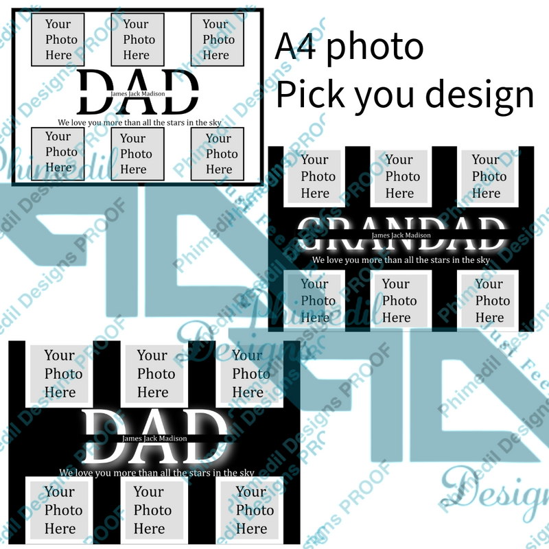 Design templates for A4 photo prints with text 'DAD' and 'GRANDAD' on a white background.