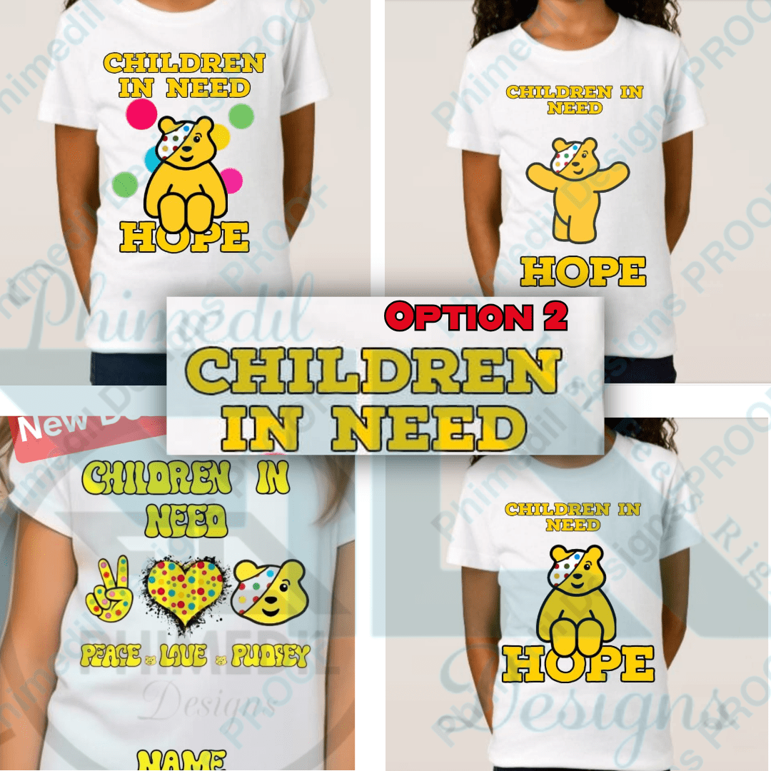 Children in Need T-Shirt | Pudsey Bear Fundraiser Top | Kids & Adults Charity School Event Tee | Add Character + Personalised | £1 Donation - Phimedil Designs