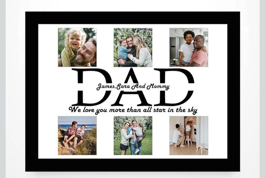 Framed collage of family photos with 'DAD' text