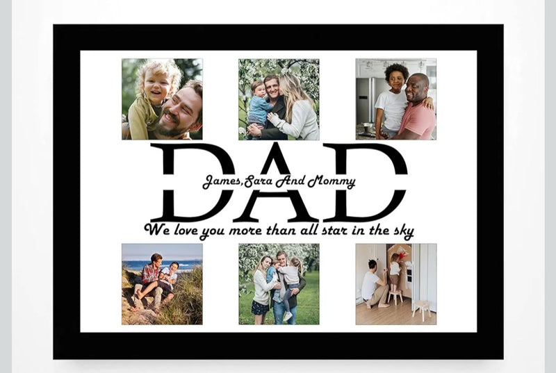 Framed collage of family photos with 'DAD' text