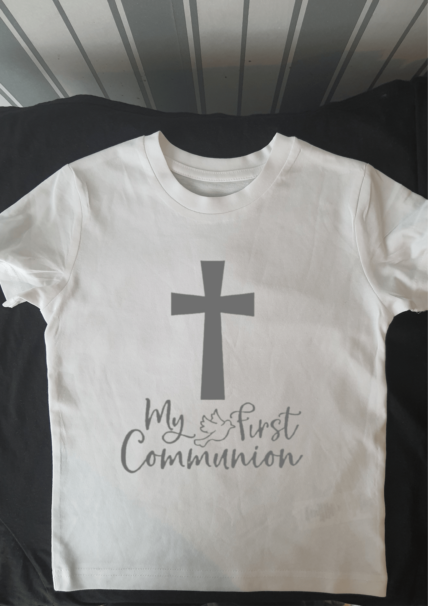 My First Holy Communion Shirt - Simple Cross & Dove Design - Phimedil Designs
