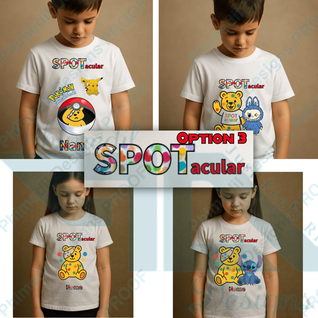 Children in Need T-Shirt | Pudsey Bear Fundraiser Top | Kids & Adults Charity School Event Tee | Add Character + Personalised | £1 Donation - Phimedil Designs